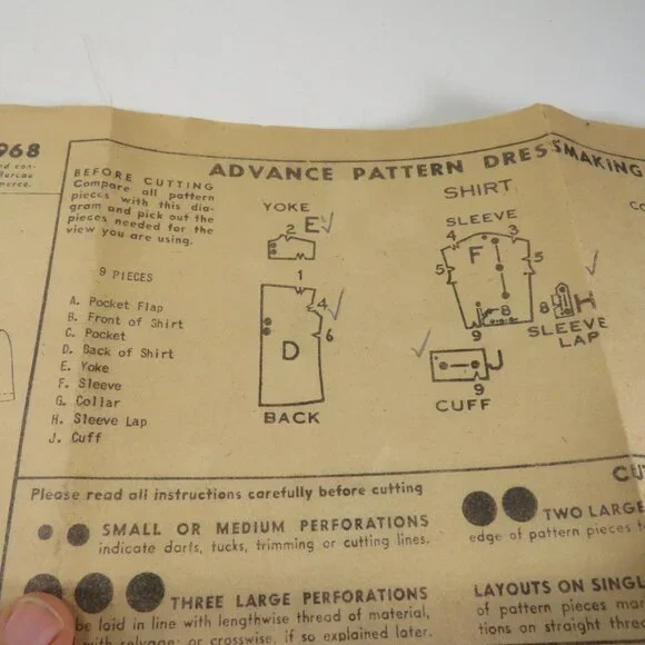Advance 3968 Clothing Pattern Men's Shirt 16-16.5 neck 1940s Complete - Picture 5 of 9